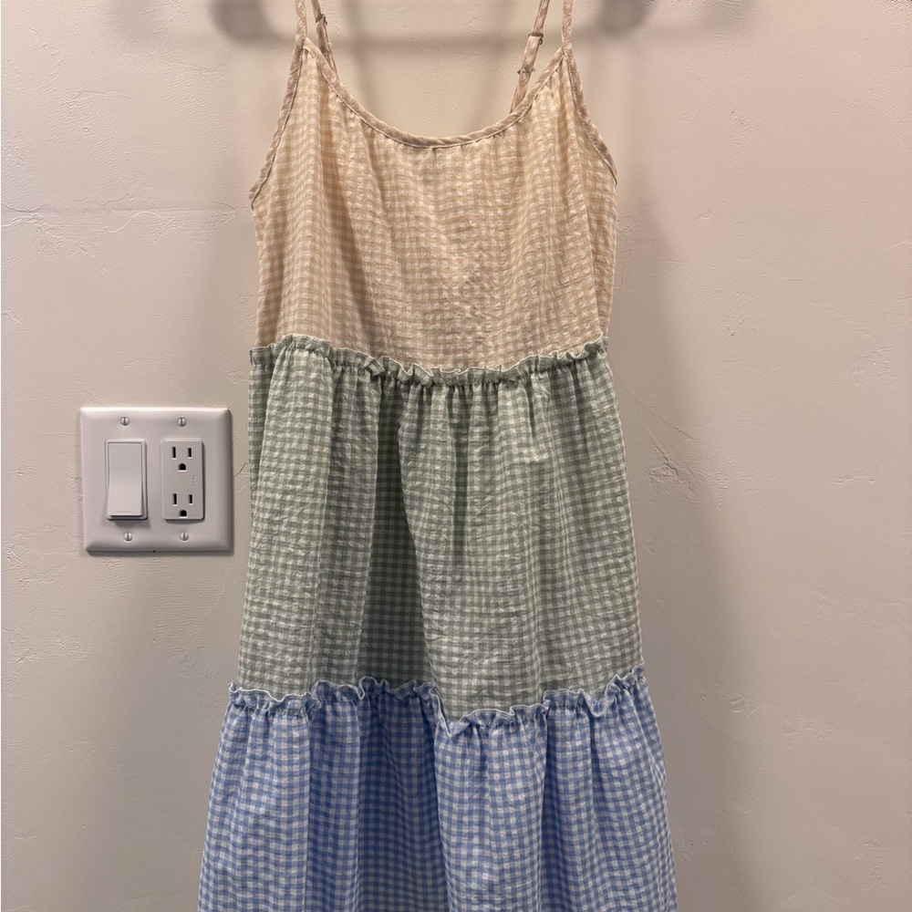 SHEIN Women's Gingham Mini Dress in Cream, Green, and Blue